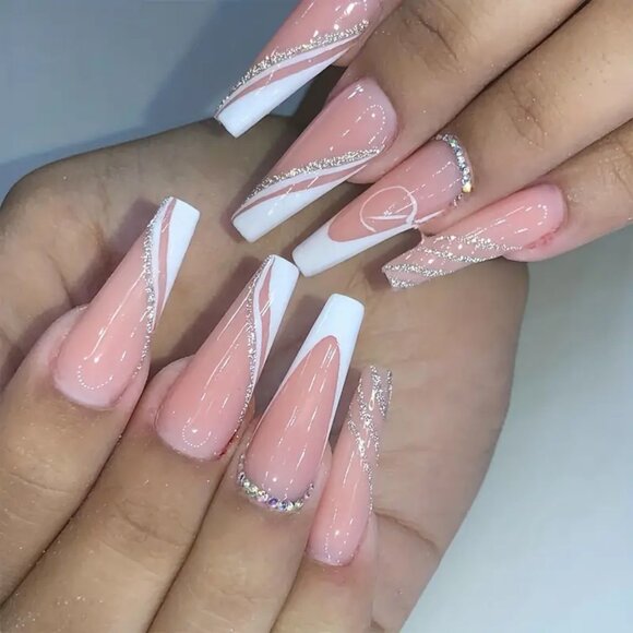 Other - Sweet and Cool Pink and White French Tip Press On Nails with Glitter Swirl
